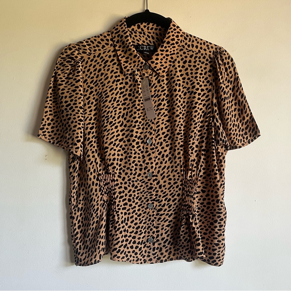 NWT JCrew Button Up Shirt in Leopard Print Size 4 Short Sleeve Top $148 CN848